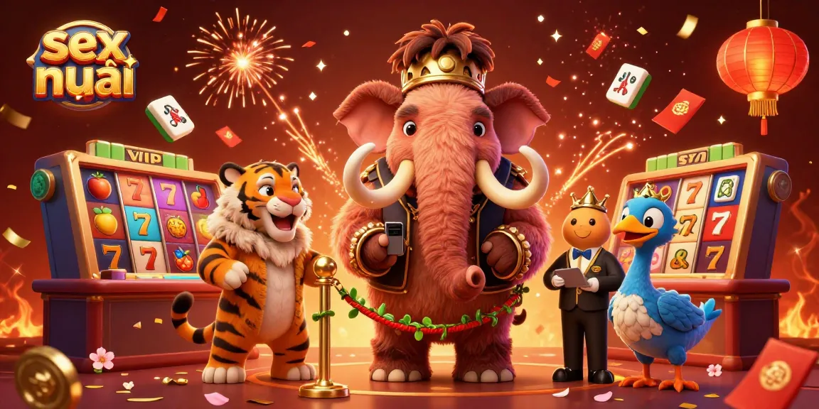 Engage with sex mới at the casino, featuring a mammoth bouncer and vibrant slot reels.