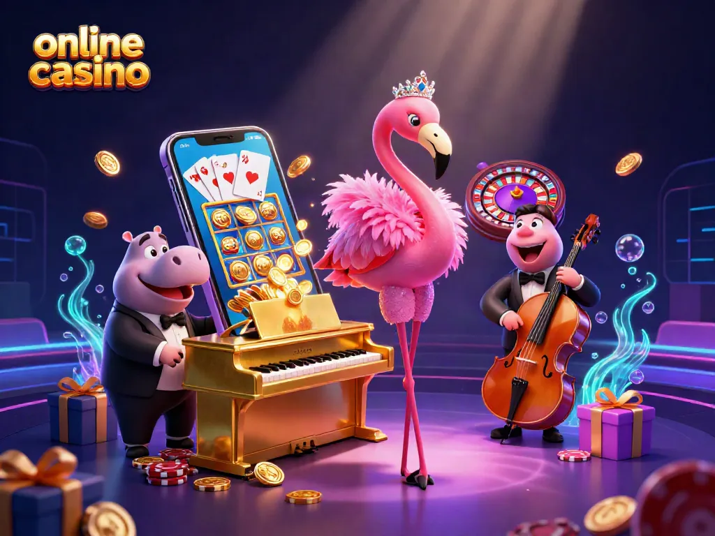 Disfruta de un casino online vibrante con un flamenco cantante y un hipopótamo bajista, rodeado de elementos de juego.