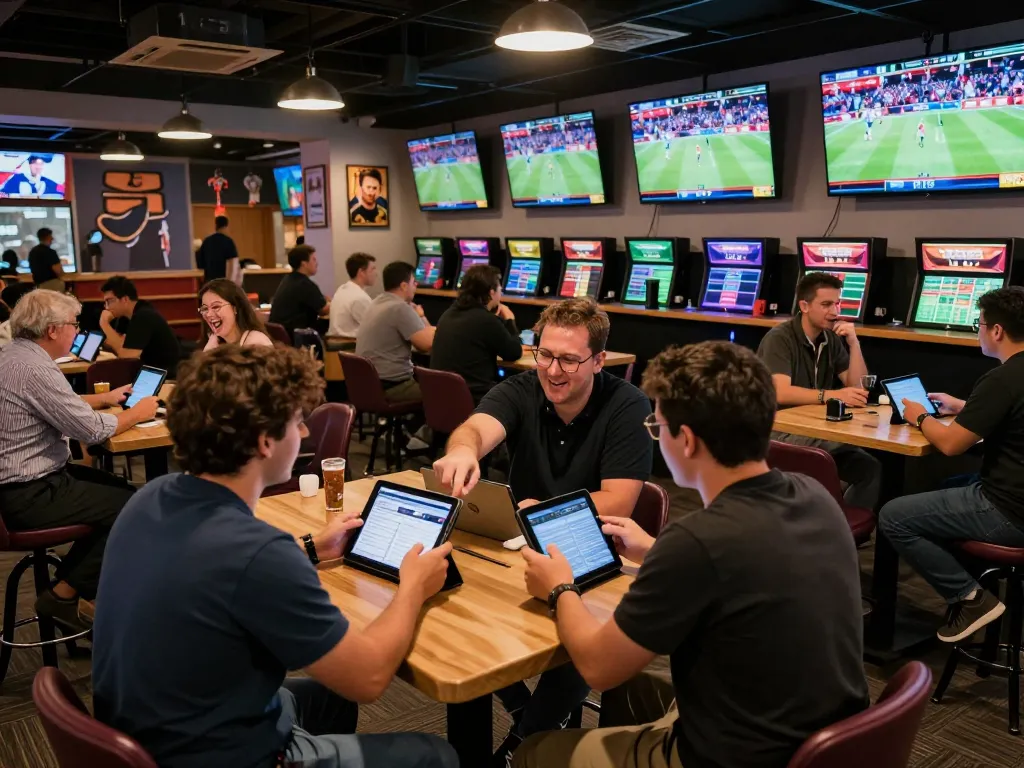Tỷ lệ kèo nhà cái 5 showing an energetic sports betting lounge filled with fans placing bets on tablets and smartphones.