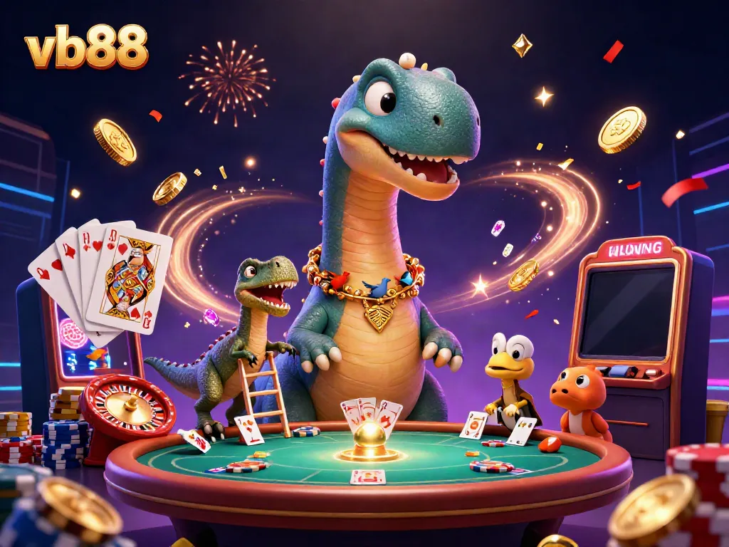 Experience excitement at vb88 with a whimsical casino scene featuring a towering brontosaurus, a clever raptor, and vibrant game elements.