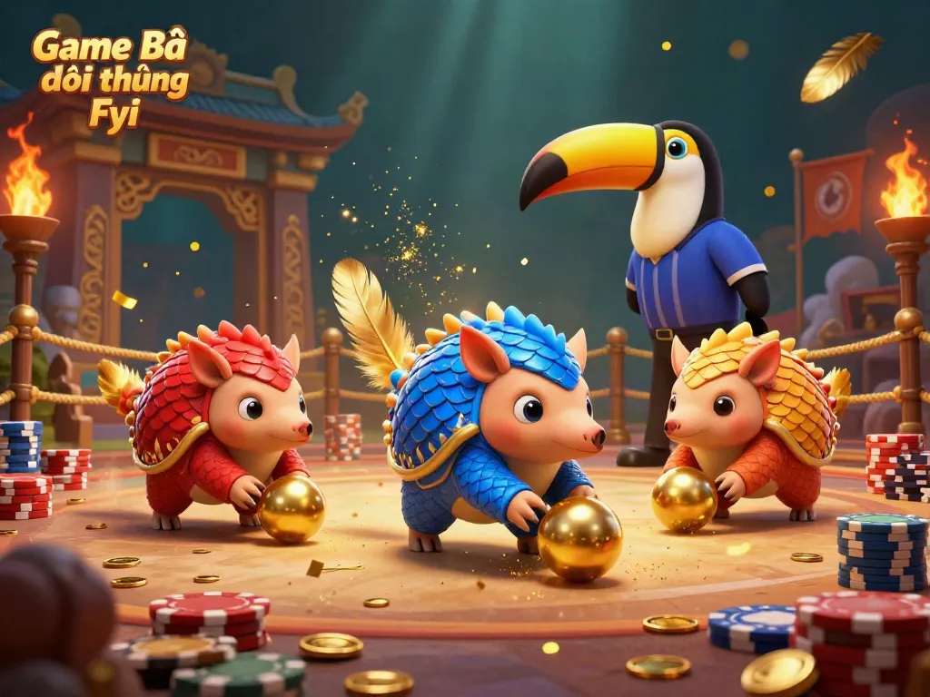 Engaging scene with pangolins bowling through poker chips for Game Bài Đổi Thưởng Fyi, featuring dynamic elements.