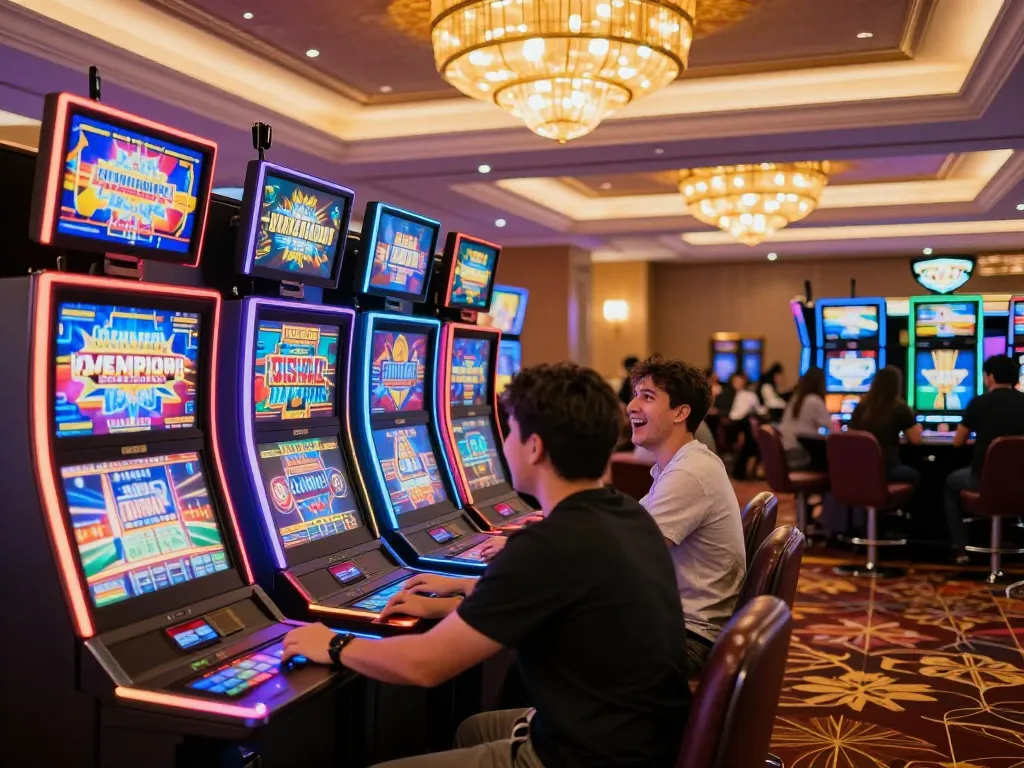 Players enjoying vibrant slot machines at 789betgo casino, showcasing lively gaming atmosphere.