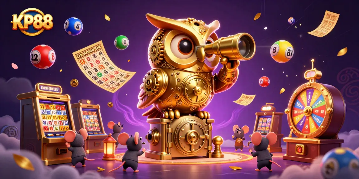Experience the excitement of KP88 with a golden owl and lively casino scene full of dynamic games.