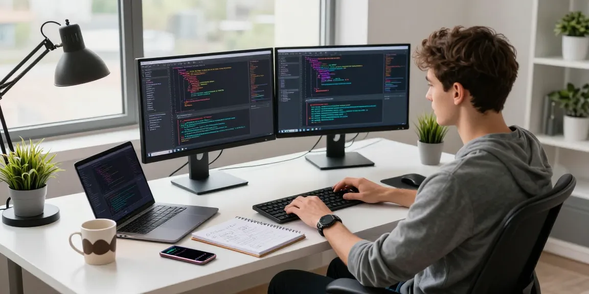 Dynamic tech workspace showcasing a developer focused on coding with vibrant screens, highlighting the process of Telegram Download.