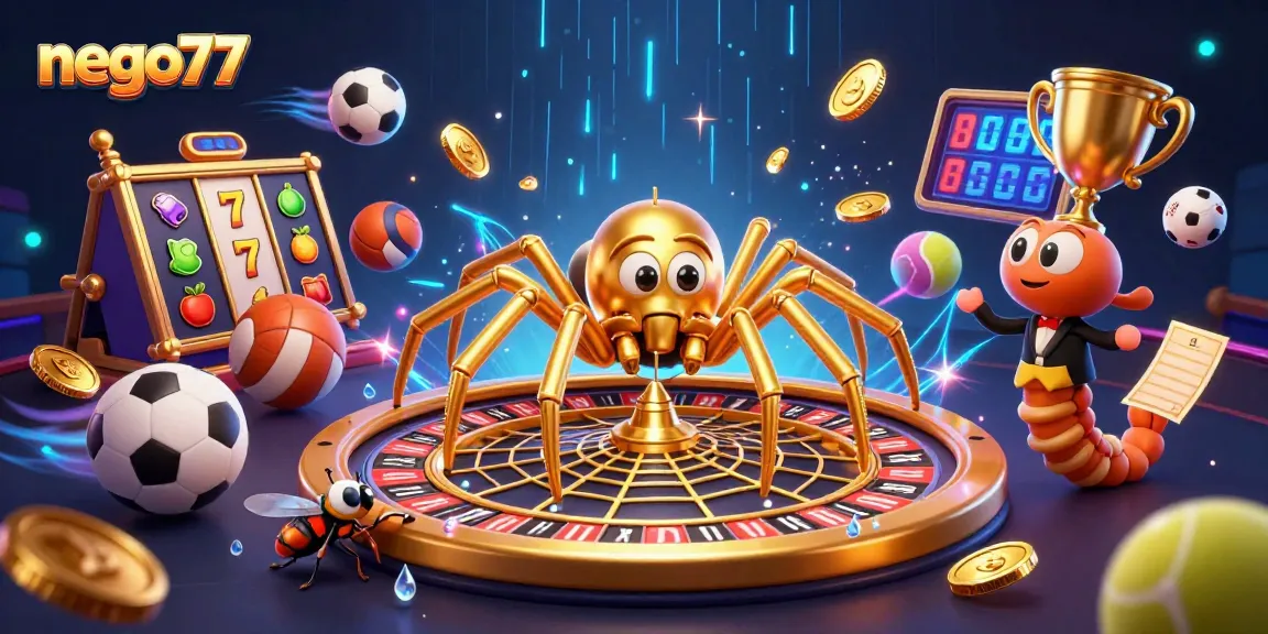Place bets with nego77 at a lively slot and sports-themed 3D casino scene.