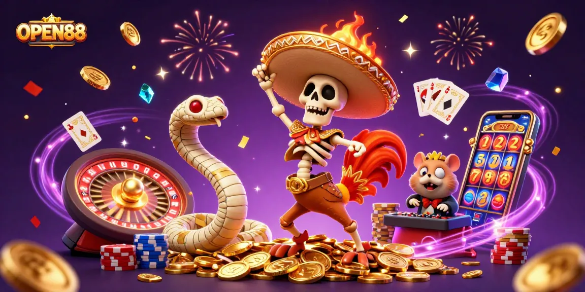 Experience the thrill of gaming at OPEN88 with dynamic characters dancing amidst cascading coins and vibrant slot machines.