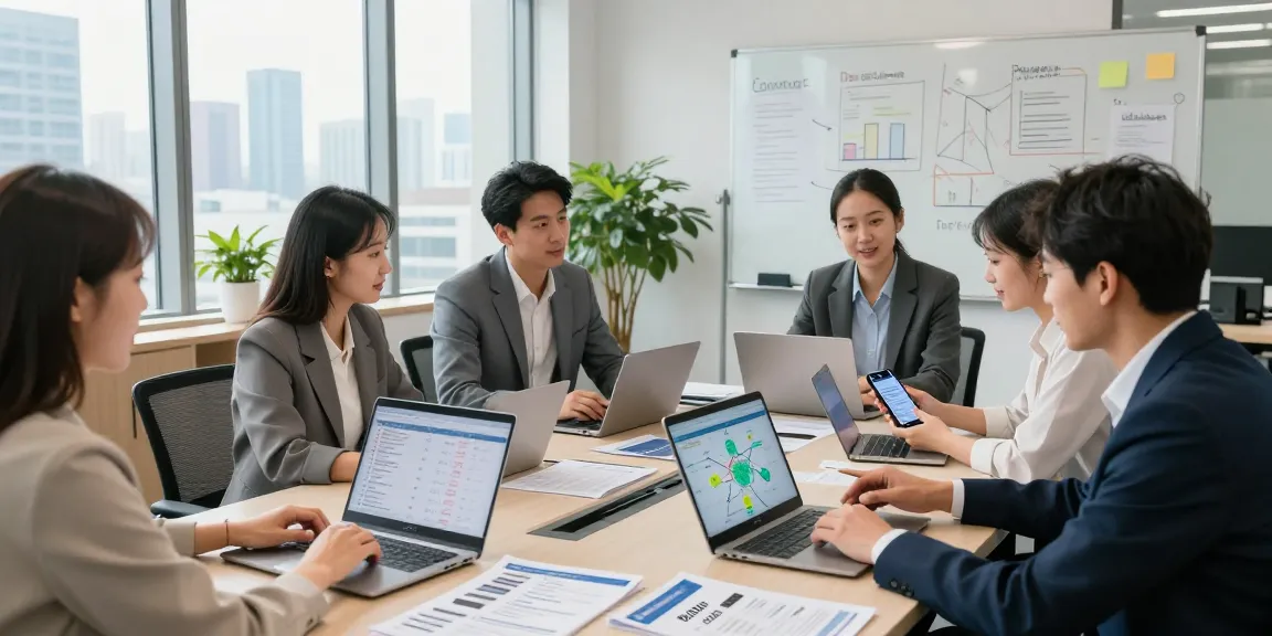 Compare business mobile deals UK during a team meeting in a modern office.