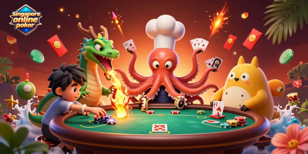 Experience thrilling action with poker chips and cards in this vibrant singapore online poker illustration.