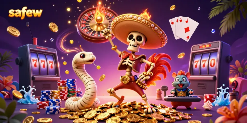 Experience safew's thrilling adventure with a mariachi rooster and a mummy snake amidst exciting casino elements.