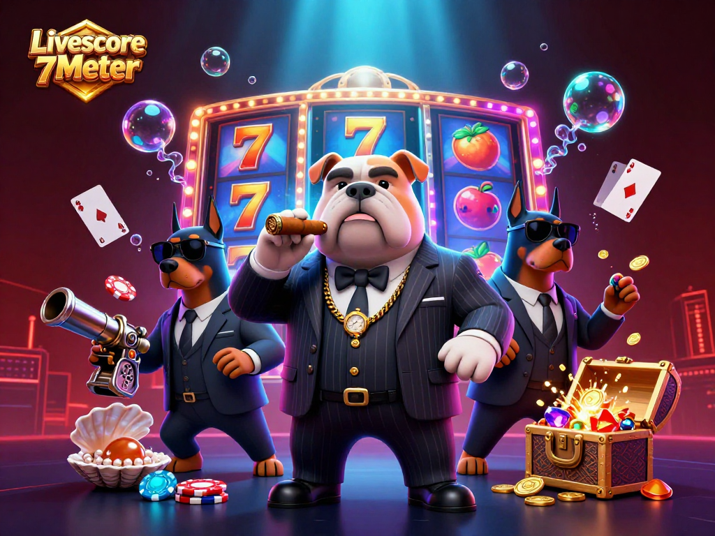 Engage in action with Livescore 7Meter showcasing dynamic characters amidst vibrant casino elements and treasures.