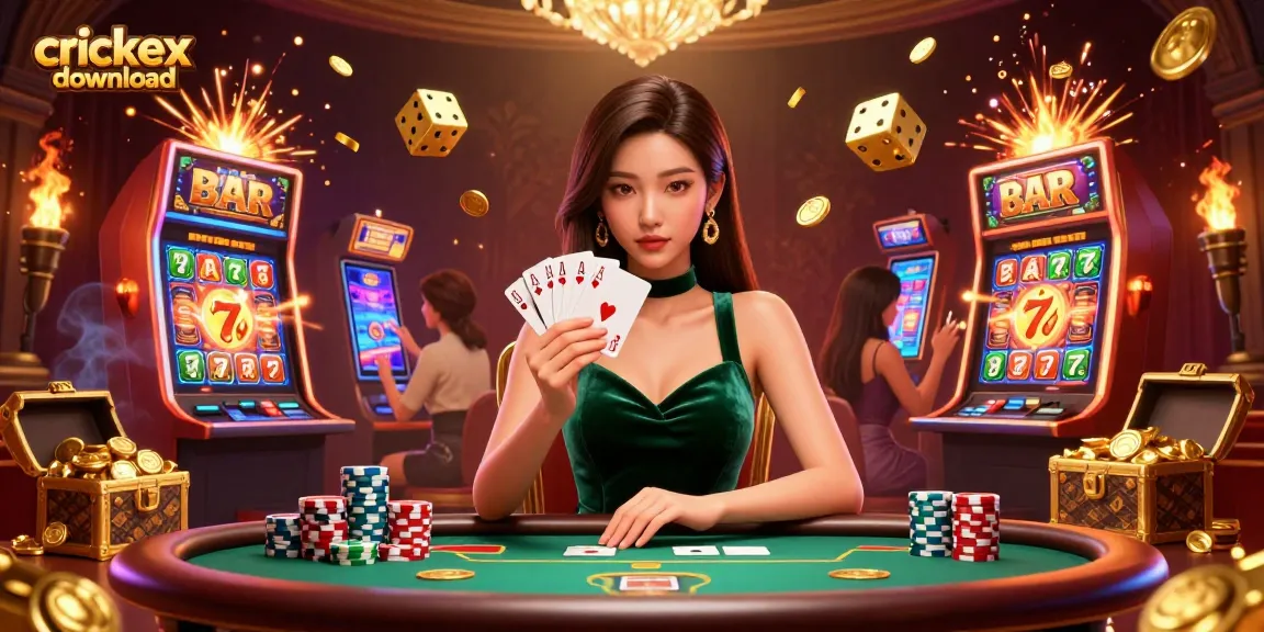 Crickex download app illustration showcasing an Asian woman at a poker table amidst bustling casino elements.