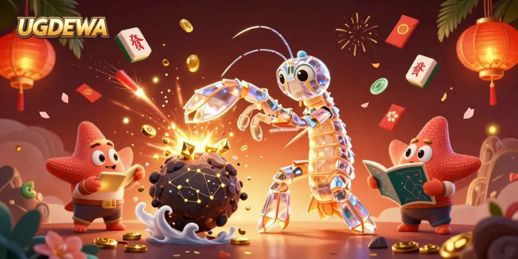 Engage in thrilling lottery action at UGDEWA with vibrant characters and casino elements.