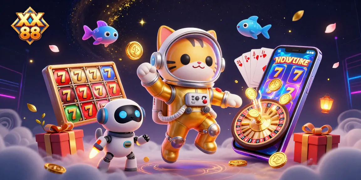 Engage with thrilling games at XX 88, as a cheerful astronaut cat and robot dog navigate a vibrant casino cosmos.