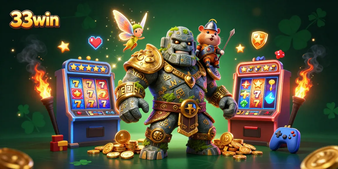 Engage in thrilling adventures with 33win's vibrant casino elements, featuring a magical golem and heroic knight.