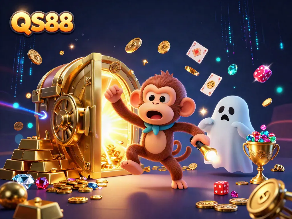 Experience fun with QS88 as a mischievous monkey juggles casino treasures in a vibrant haunted setting.
