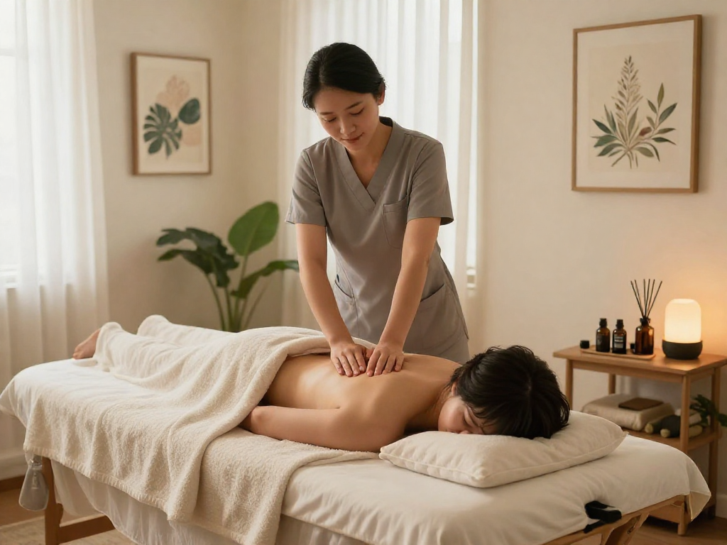안산출장마사지 session showcasing professional therapist and serene home environment.