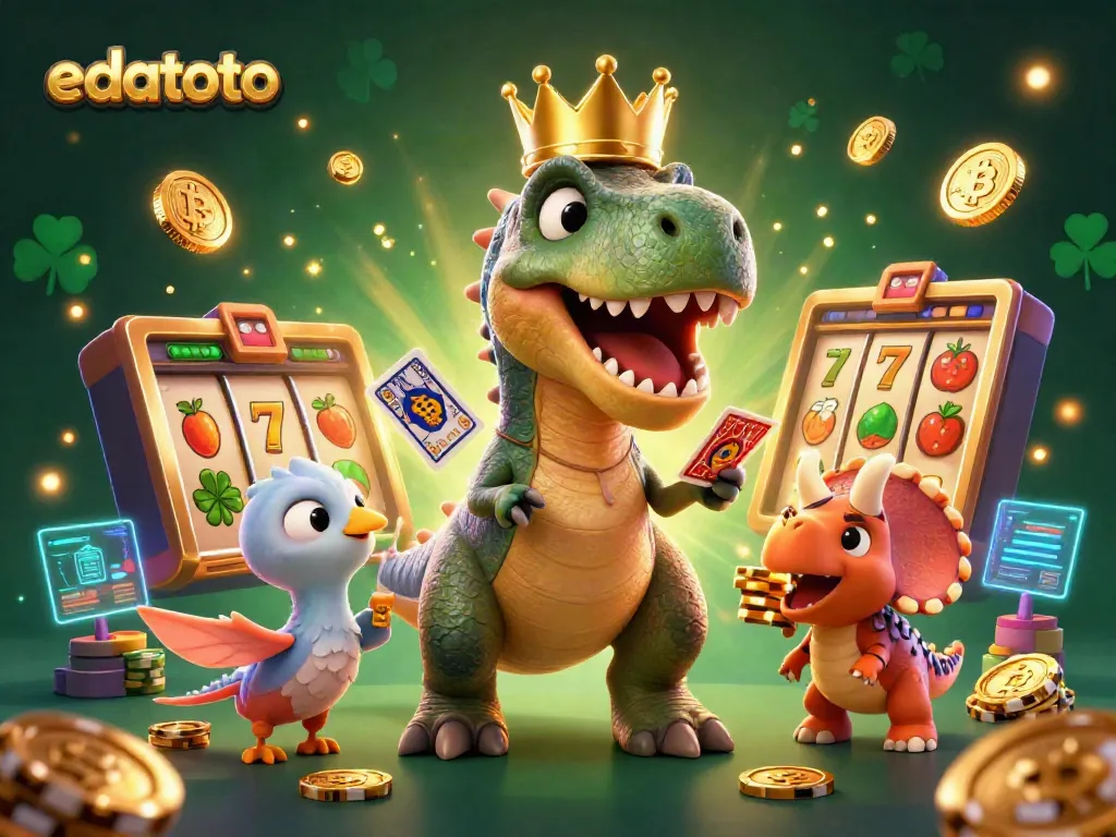 Experience the excitement of edatoto with a vibrant 3D scene featuring a T-Rex shuffling cards and a triceratops stacking chips.