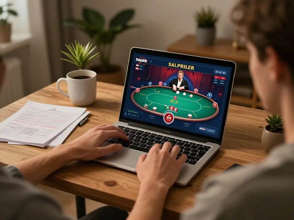 Using the link chính thức SC88 to play poker online in a cozy home setting with warm lighting.