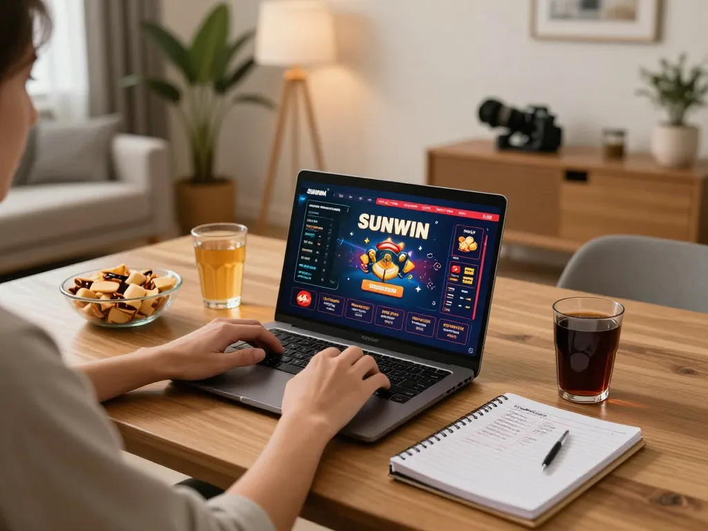 Player engaging with SUNWIN's online casino experience in a cozy home setting.
