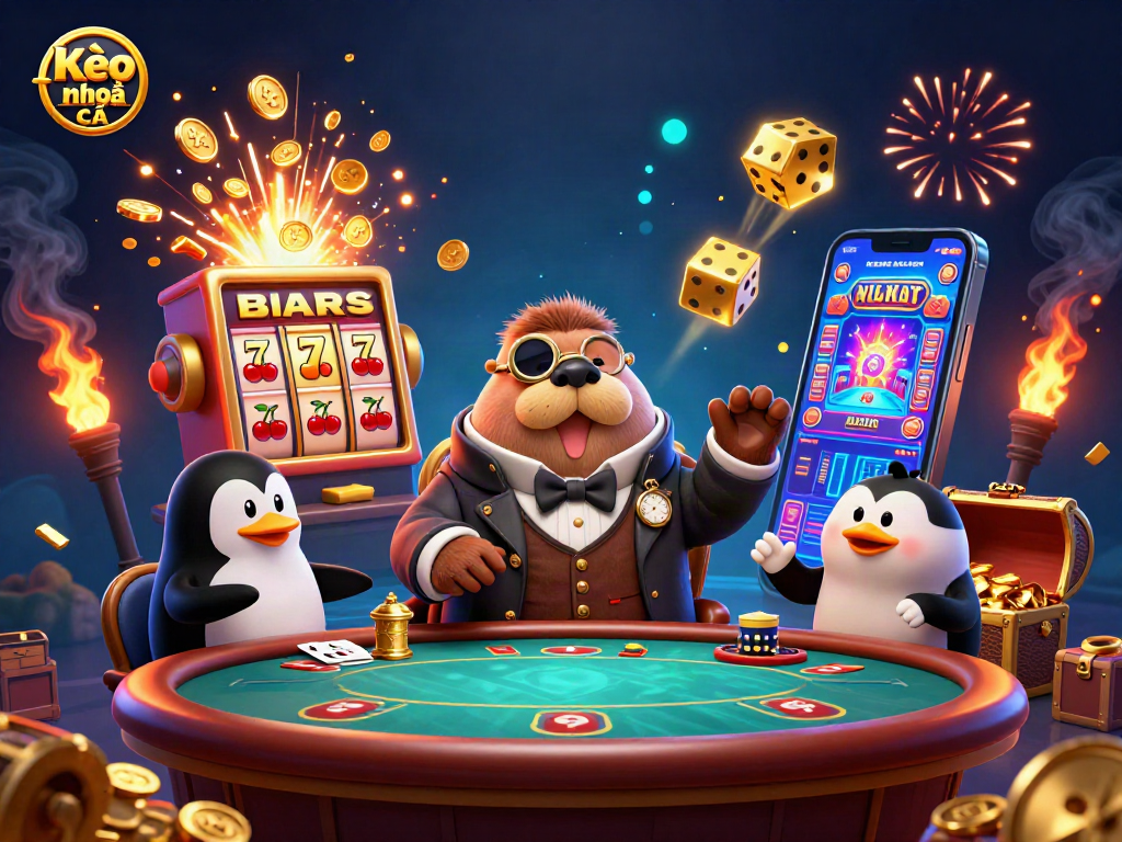 Kèo nhà cái offers a vibrant 3D scene depicting a walrus poker player, showcasing exciting casino elements.