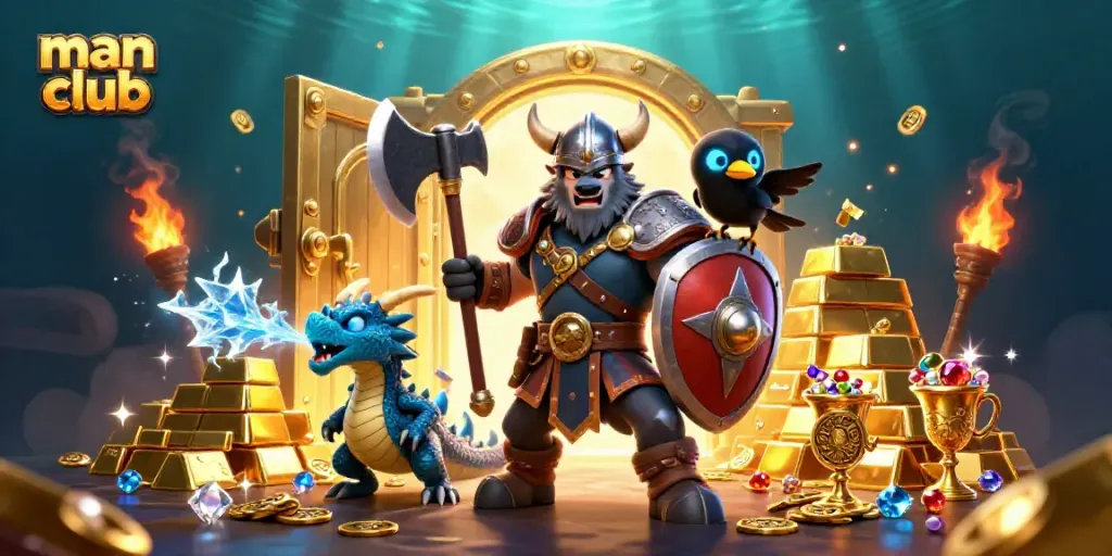 Engage with fun at man club casino, featuring a Viking warrior, dragon, and dazzling treasures.