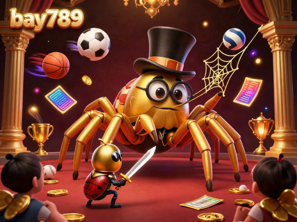 Experience thrilling betting action with bay789 as a golden tarantula interacts with a beetle knight in a vibrant casino setting.
