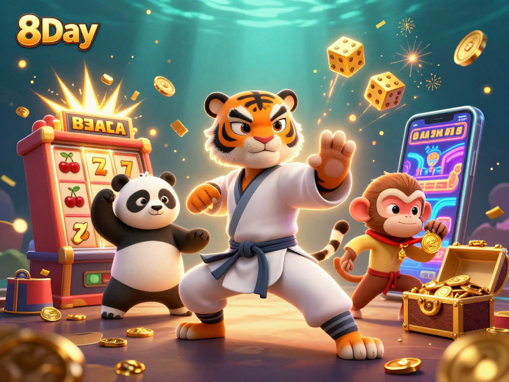 Engage with 8Day's vibrant casino adventure animated by playful characters and jackpot excitement in a stunning 3D scene.
