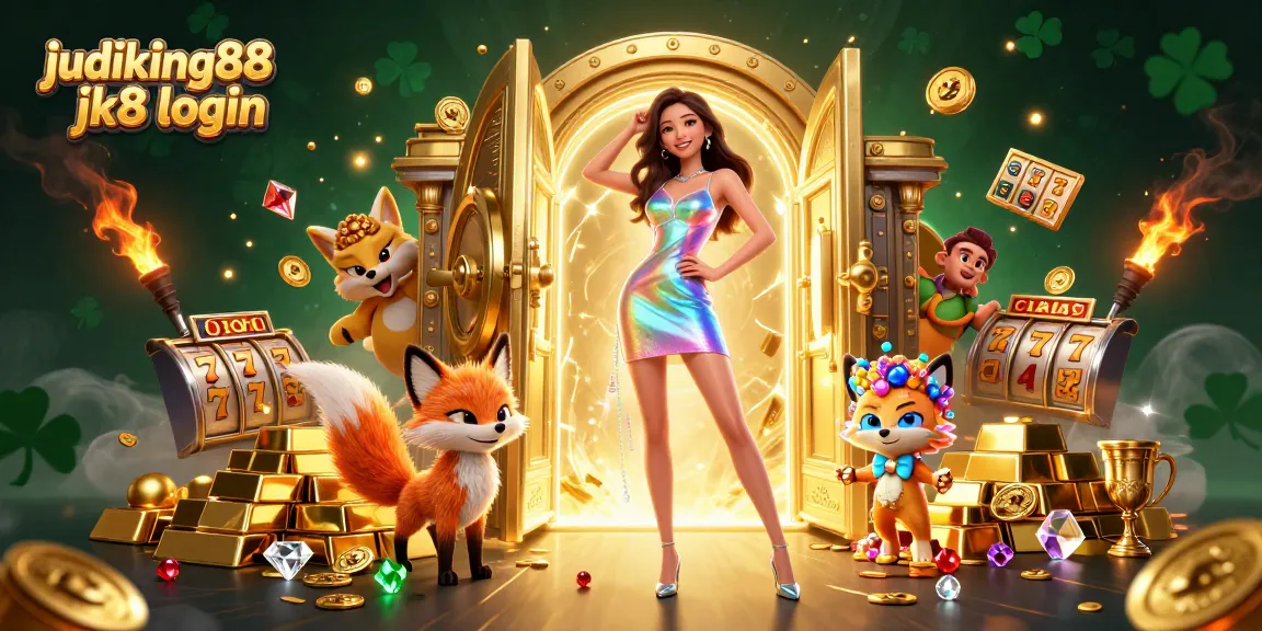 Engage with judiking88 jk8 login in this vibrant 3D casino scene showcasing slot games and treasures.