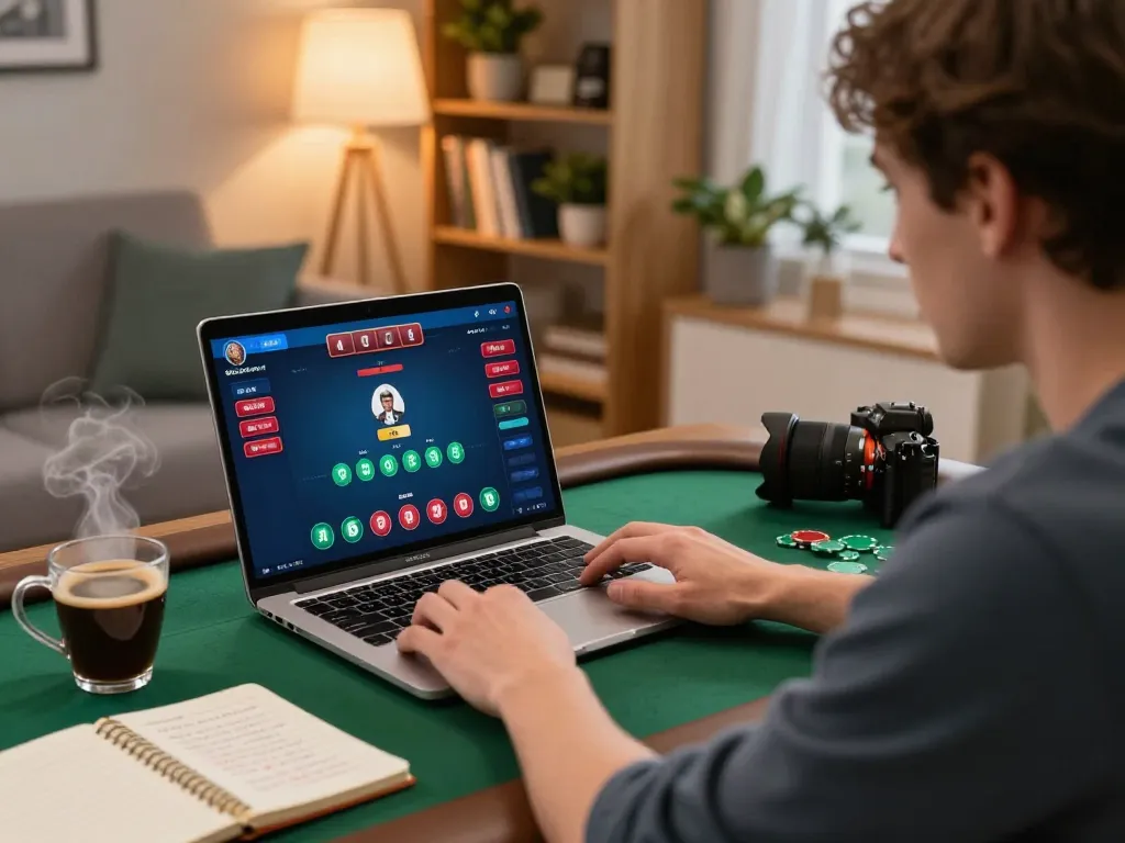 Engaged player enjoying maxpoker88 online poker in a cozy home setting, focused on gaming strategy.