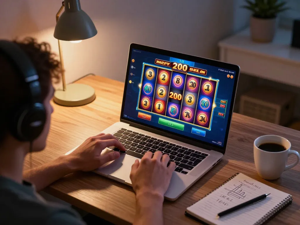 Engaging online player placing a slot bet 200 on a laptop, showcasing a dynamic gaming atmosphere.