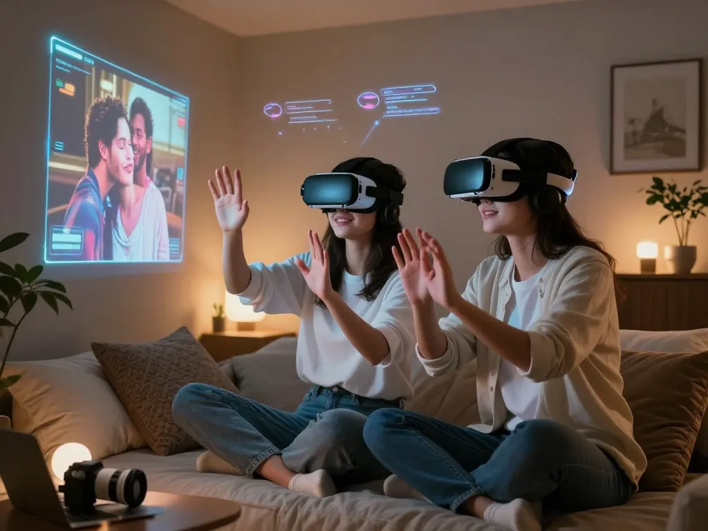 Couple using VR headsets to explore AI sex experiences in intimate setting.