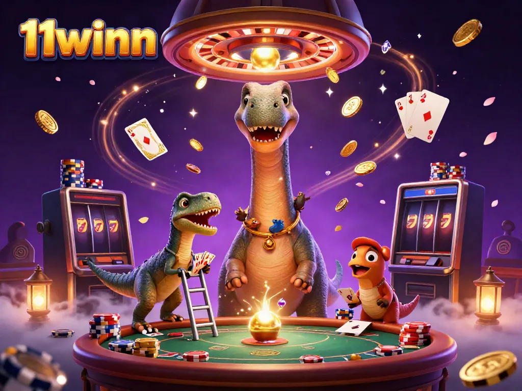 Experience thrilling gaming adventures with 11winn's vibrant casino scene filled with dynamic characters and flying rewards.