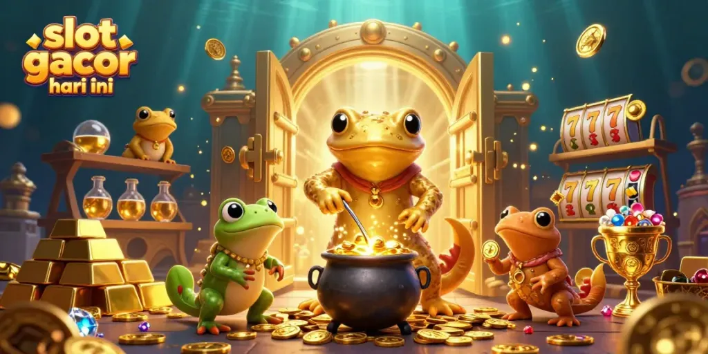 Experience thrilling excitement with slot gacor hari ini, featuring golden treasures and animated characters in a vivid casino scene.