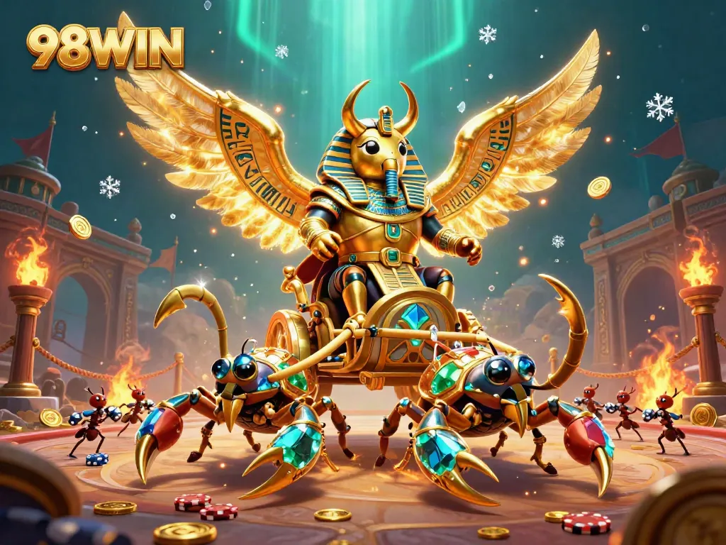 Engage with 98WIN's thrilling multi-level gambling arena led by a golden scarab and scorpions.