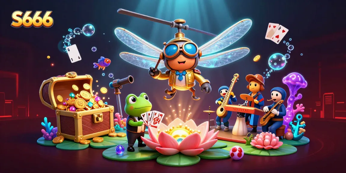 Join the fun at S666, featuring a lively scene of a dragonfly pilot and frog croupier dealing cards.