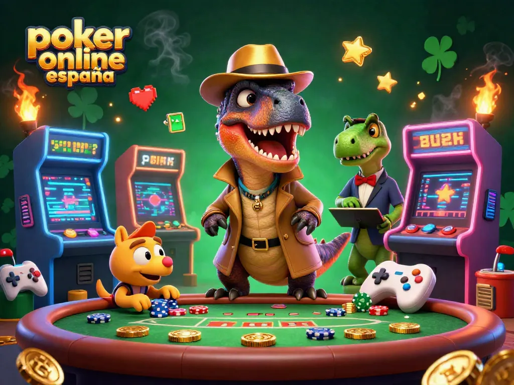 Juega al póker online España mientras un velociraptor intenta ser discreto en la mesa.