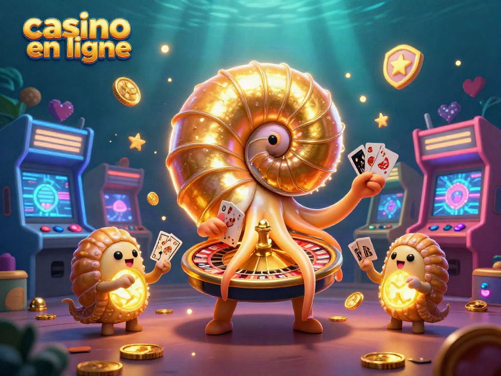 Illustration dynamique d'un casino en ligne avec un nautilus et des éléments de jeu lumineux.