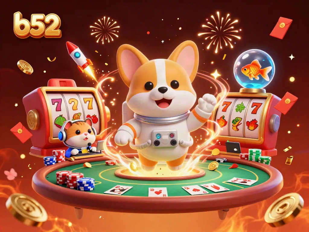 Engage with b52's vibrant casino scene featuring an astronaut corgi and dynamic gambling elements.