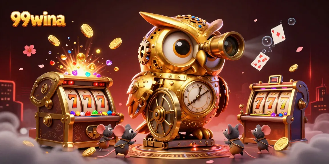 Engage in exciting gameplay at 99wina, featuring a golden owl overseeing vibrant slot machines and treasures.