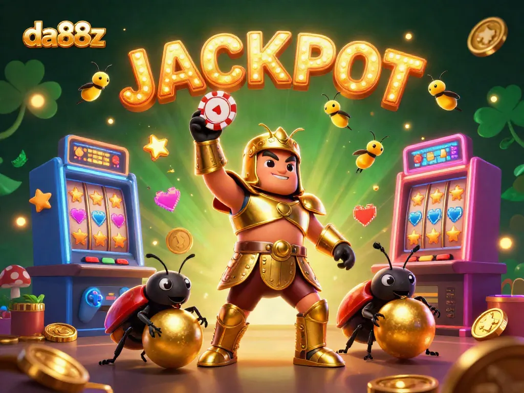 Engage with da88z and witness the excitement of jackpots with cartoon beetles amidst vibrant slot machines.