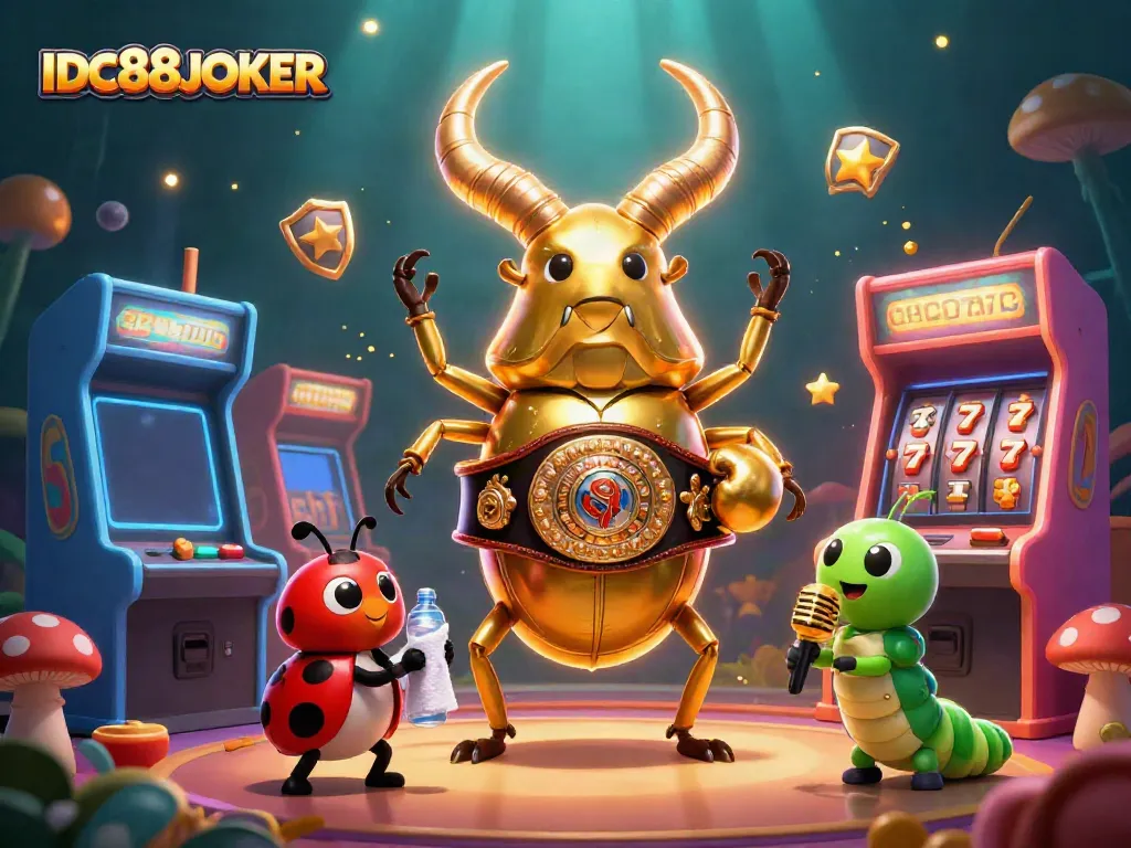 Enjoy thrilling action with IDC88JOKER as the golden beetle battles amidst vibrant casino elements.