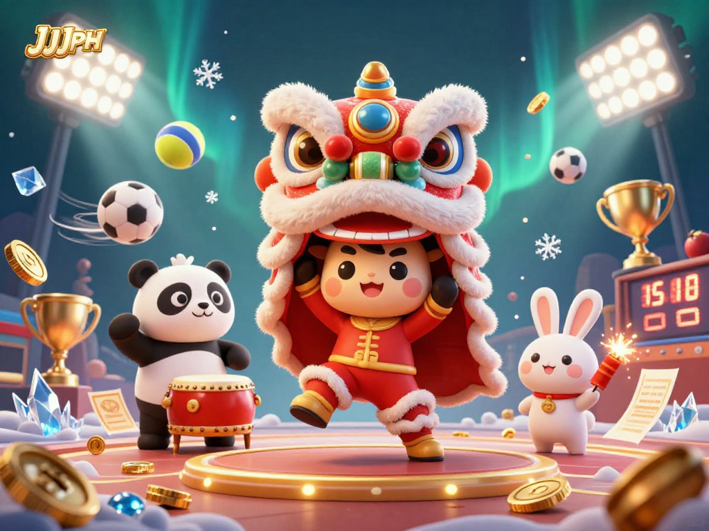 Experience JJJPH with lively characters in a vibrant casino scene featuring sports elements.