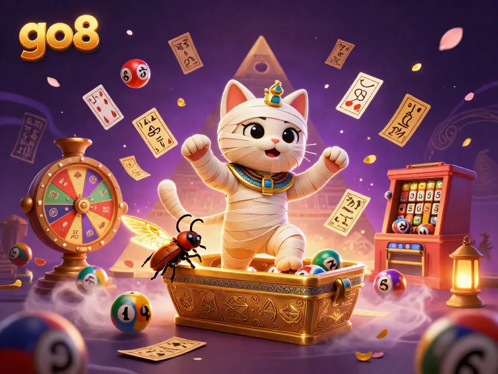 Experience thrilling games at go8 with a vibrant 3D illustration of a mummy cat and casino activities.