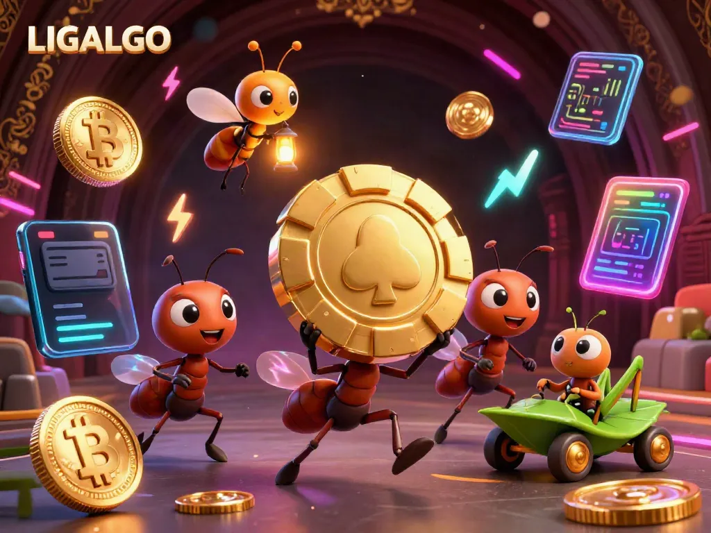 LIGALGO showcases ants orchestrating a heist for a giant poker chip amidst glowing crypto coins.