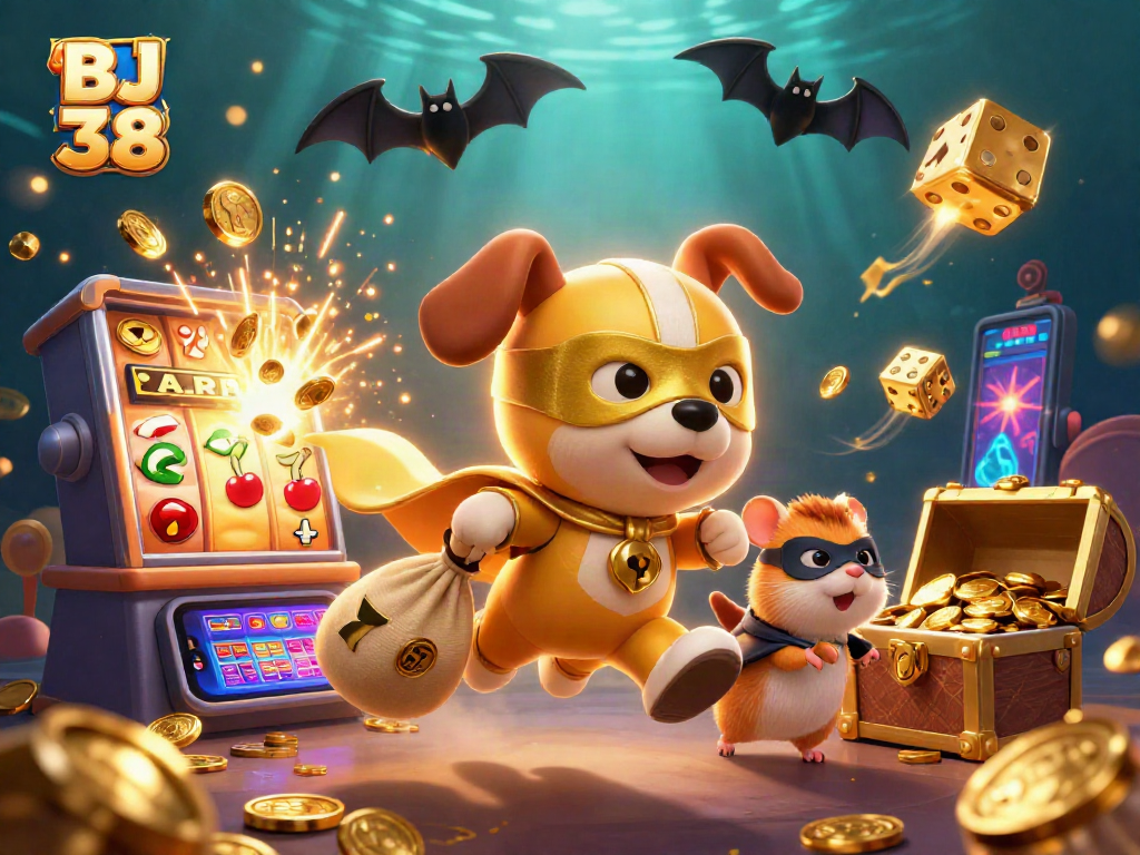 BJ 38 celebrates winning moments with a joyful superhero dog and hamster, amidst vibrant casino elements.