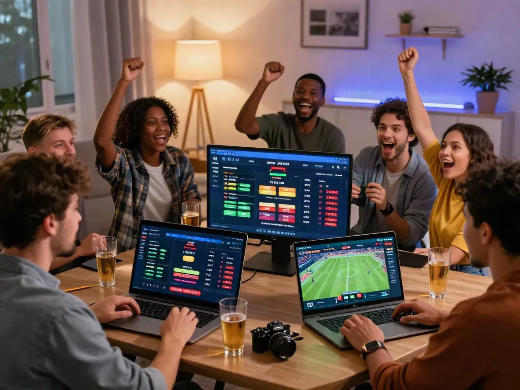 Exciting scene of friends engaging in online betting at Fabet, showcasing sports odds and camaraderie.