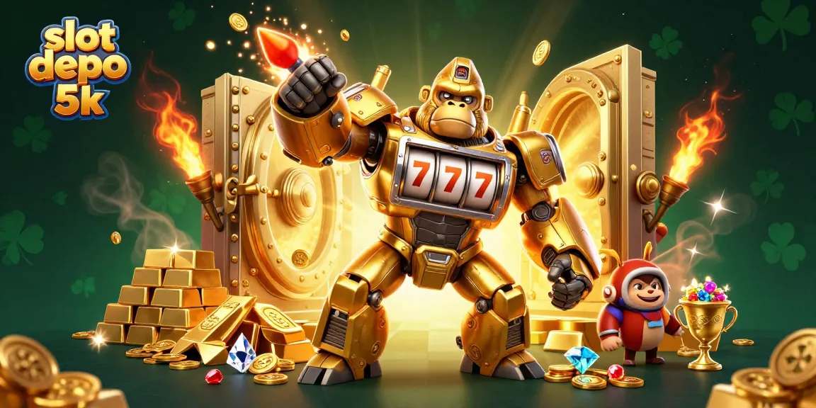 Engage in thrilling gameplay with slot depo 5k, showcasing a dynamic 3D scene of a golden mech and treasures.