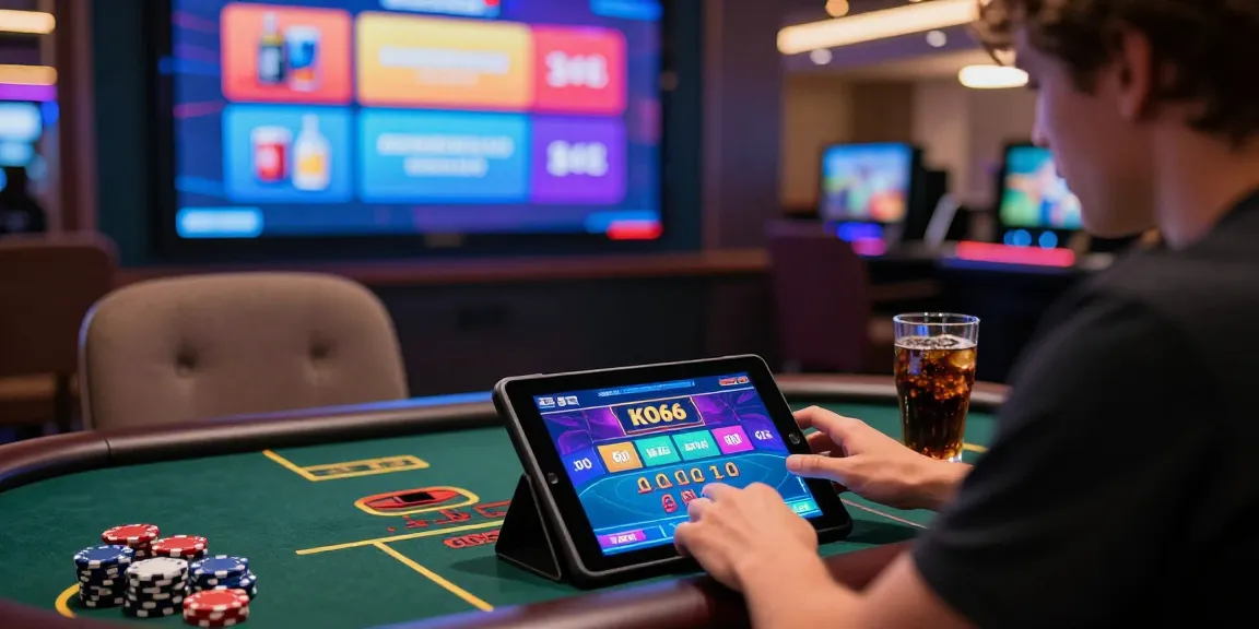 Engaging scene of a player enjoying KO66 online casino on a tablet, showcasing vibrant gaming atmosphere.