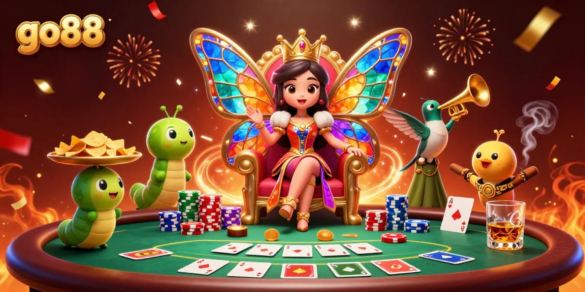 Experience the excitement at go88 with a vibrant casino scene featuring a cartoon butterfly queen and poker action.