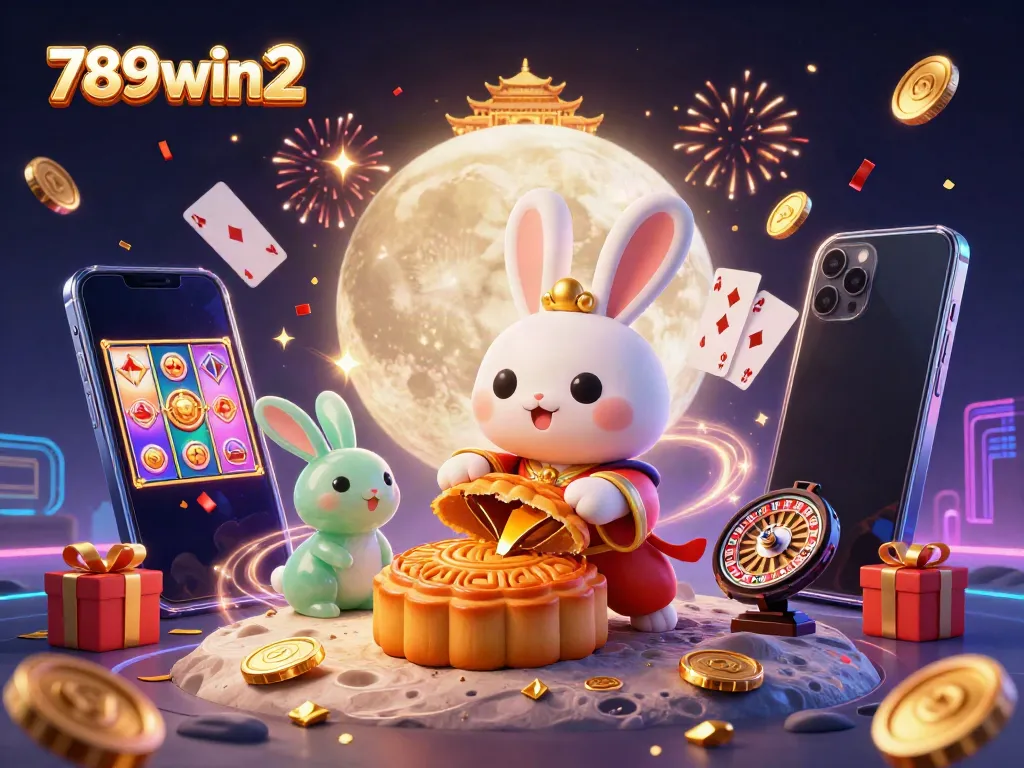 Experience the excitement of 789win2 as a whimsical moon rabbit discovers poker chips inside mooncakes amidst dynamic gaming elements.